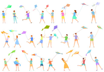 Kids playing with kite icons set. Cartoon set of kids playing with kite vector icons for web design