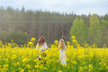 Two girls are walking along a blooming rapeseed field. Children play in a field with yellow flowers. Beautiful yellow field against the background of the forest. Hold hands