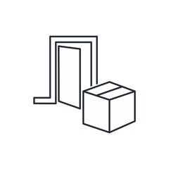 Door, box, parcel. Home delivery concept, courier service, order. Vector icon isolated on white background. 