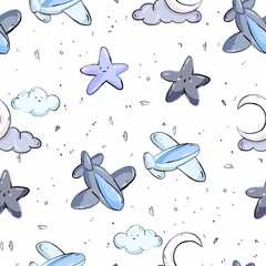 Airplane stars blue gray planet clouds pattern paper digital paper scrapbooking paper for fabric pattern for textiles pattern for children's clothing baby pattern seamless texture