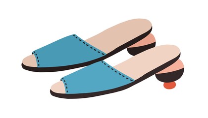 Fashion summer shoes or modern peep-toe slippers with rounded heel. Women's trendy footwear. Colored flat vector illustration of wide-strapped slides isolated on white background