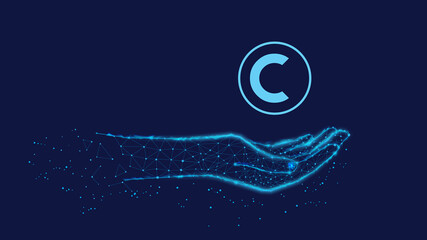  Protection concept. Intellectual property protection concept. Copyright symbol on polygonal hand