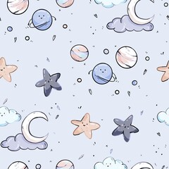 Airplane stars blue gray planet clouds pattern paper digital paper scrapbooking paper for fabric pattern for textiles pattern for children's clothing baby pattern seamless texture