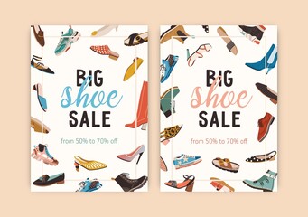 Design of flyer with spring and summer shoe sale announcement. Set of vertical banners with frame of women trendy fashion footwear. Flat vector illustration of flier templates with place for text