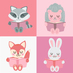 four kids forest animals reaing book