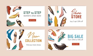 Template design of shoe store's discount or business cards decorated with spring and summer footwear. Set of horizontal banners with trendy fashion boots and sandals. Colored flat vector illustration