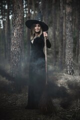 Obraz premium Witch at wood, fog around, magic concept, illustration for rituals and mystical scene