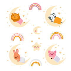 sleeping animals kids set with rainbow on  the white background