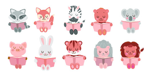 
animal kids reading book in beige color on  the white background 