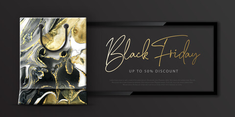 Typography Black friday big sale banner with Alcohol ink texture. Marble black and gold artistic background