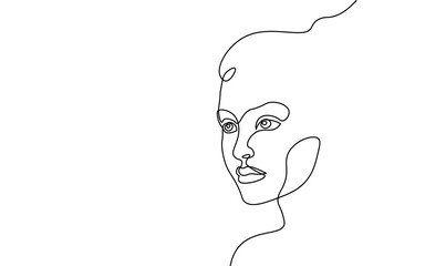 Continuous one single line art girl face concept. Beautiful woman portrait fashion hair hand drawn sketch. Beauty happy smiling young lady side head black white monochrome vector illustration