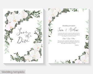 Floral design for wedding invitation. White orchids, eucalyptus, green plants and flowers.