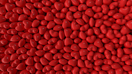 Falling dynamic red hearts filling the screen on isolated black background. 3d illustration