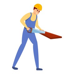 Builder cutting wood icon. Cartoon of builder cutting wood vector icon for web design isolated on white background