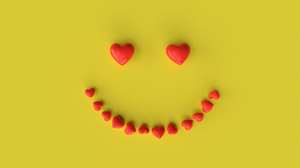 Falling red hearts forming a smiling emoticon on a yellow background. 3d illustration
