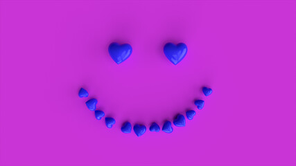 Falling blue hearts forming a smiling emoticon on a pink background. 3d illustration
