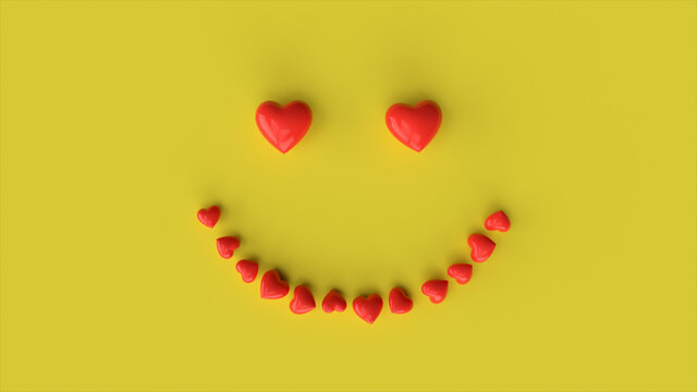 Falling red hearts forming a smiling emoticon on a yellow background. 3d illustration