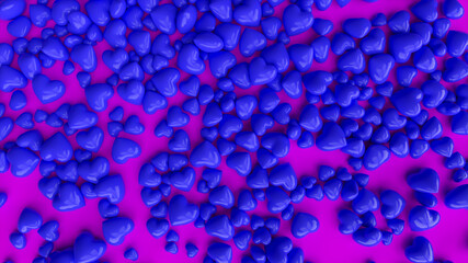 Many blue hearts falling into the pile of hearts on pink background. 3d illustration