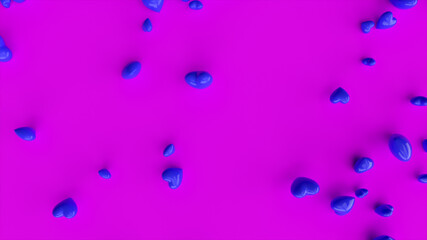 Many blue hearts falling into the pile of hearts on pink background. 3d illustration