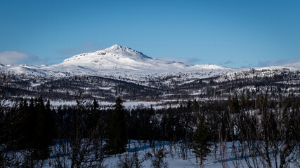 Fototapeta na wymiar Skiing trip winter landscape with snow and a mountain