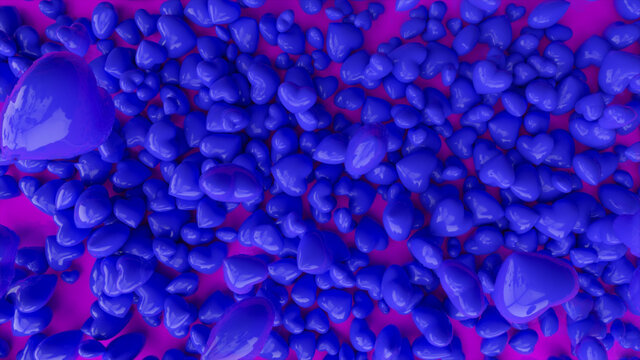 Many blue hearts falling into the pile of hearts on pink background. 3d illustration
