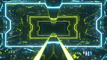 Futuristic animation of flying through a green tunnel with neon lights. 3d illustration