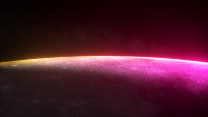 Fantastic neon sunrise on the moon from space. The rotation of the moon. Modern ultraviolet lighting. Yellow purple light spectrum. Stars and space 3d illustration