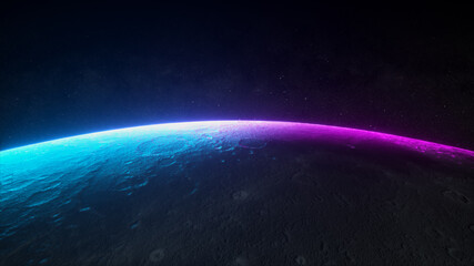 Fototapeta premium Fantastic neon sunrise on the moon from space. The rotation of the moon. Modern ultraviolet lighting. Blue purple light spectrum. Stars and space. 3d illustration