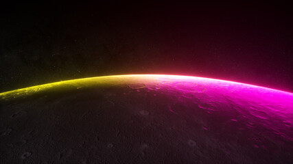 Fantastic neon sunrise on the moon from space. The rotation of the moon. Modern ultraviolet lighting. Yellow purple light spectrum. Stars and space. 3d illustration