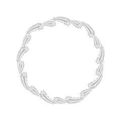 Bird feather wreath vector design element. Plum round shaped frame. Decorative plumage minimalistic clipart isolated on white background