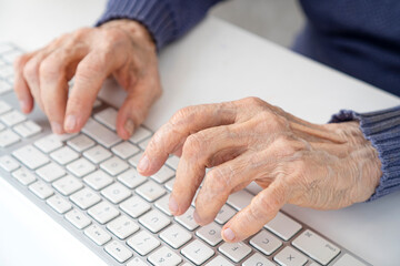 Fototapeta na wymiar Elderly woman wrinkled hands typing on computer keyboard