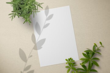 blank paper card with flower decoration mockup design free space for text and top view