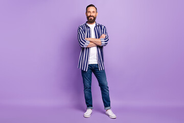 Full length photo of positive mature man cross hands smile in camera isolated over violet color background