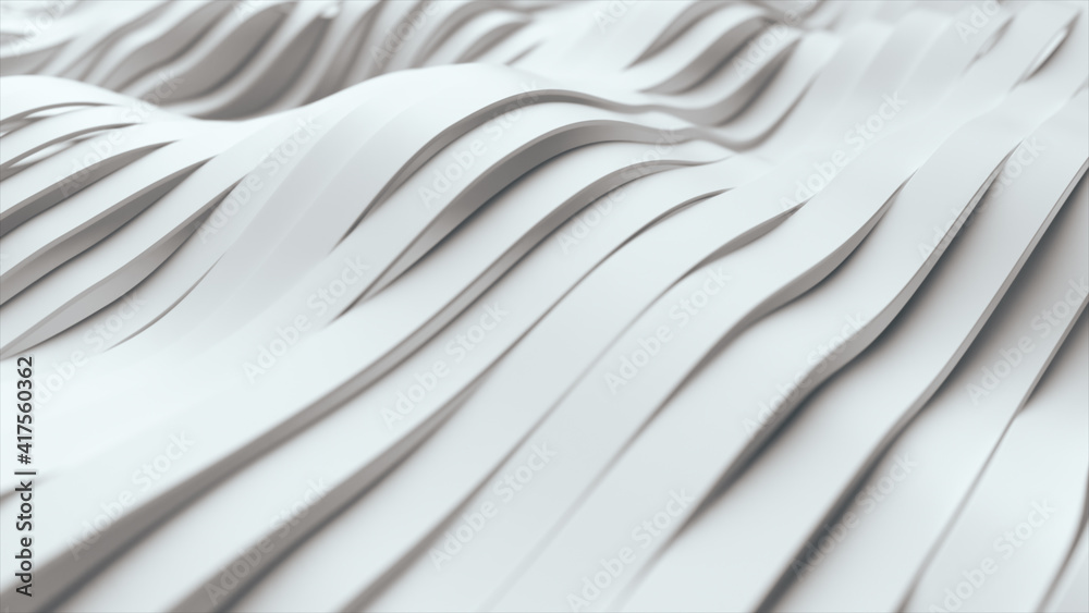 Wall mural Abstract background with white wavy stripes. Modern black background template for documents, reports and presentations. Sci-fi futuristic. 3d illustration