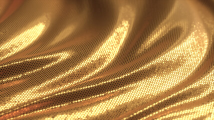 Gold beautiful shiny background of sequins and bokeh. Wavy festive fabric texture with shiny particles close up. 3d illustration