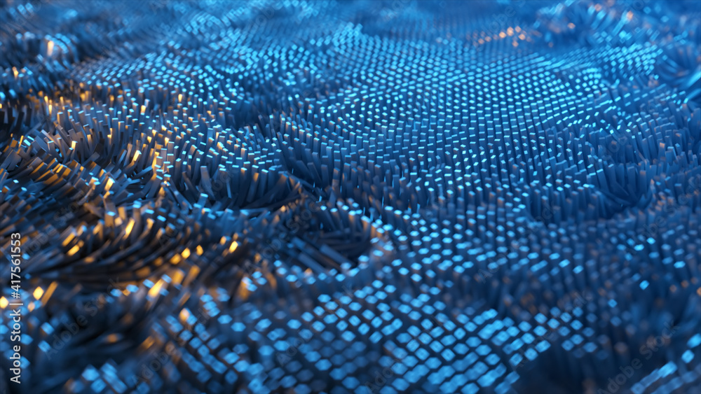 Wall mural abstract background of thousands of rectangles creating a wave surface. modern neon lighting. busine