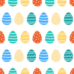 Cute cartoon style decorated Easter eggs with ornaments vector seamless pattern background.
