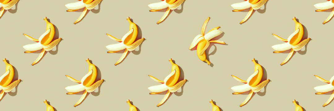 Colorful fruit pattern of fresh yellow bananas on yellow background