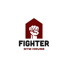 gym house logo with hand boxing punch icon design, house of fighter concept Illustration in trendy minimal simple vector