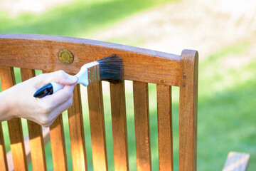 female hand holding a brush applying varnish paint on a wooden garden chair - painting and caring for wood with oil - 417563701
