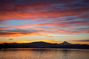 sunrise on Columbia River with Mt Hood in background
