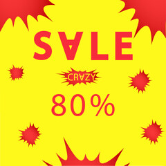 Crazy sale abstract red design on yellow background for shop with discount. Offer for clients