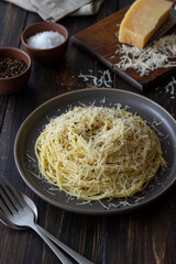 Roman pasta spaghetti with black pepper and cheese. Cacio e pepe. Recipes. Wine.