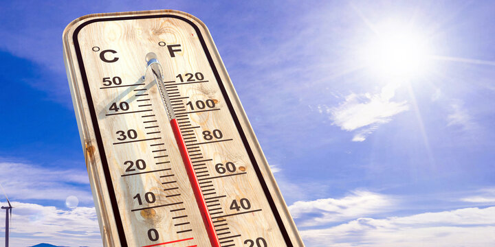 Thermometer on blue sky background, temperature forty degrees Celcius. 3d illustration