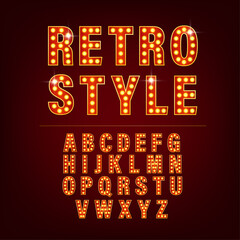 Retro alphabet with retro letter light on golden background. Number font. Vector 3d. Creative vector font.