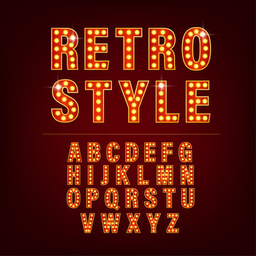 Retro alphabet with retro letter light on golden background. Number font. Vector 3d. Creative vector font.