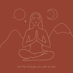 Contour of woman in yoga pose for meditation in mountains with moon and sun. Modern minimalist mystical astrology aesthetic illustration with Motivational quote for poster. Beautiful poster.
