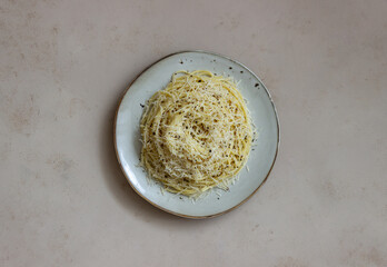 Roman pasta spaghetti with black pepper and cheese. Cacio e pepe. Recipes. Wine.
