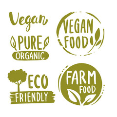Organic labels. Fresh eco vegetarian emblems, vegan label and healthy foods logo. Sticker or ecological product stamp.