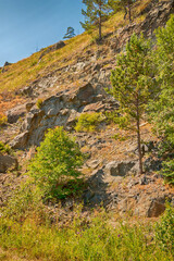 Beautiful natural summer landscape. Mountains, sky, water. Lake Baikal.